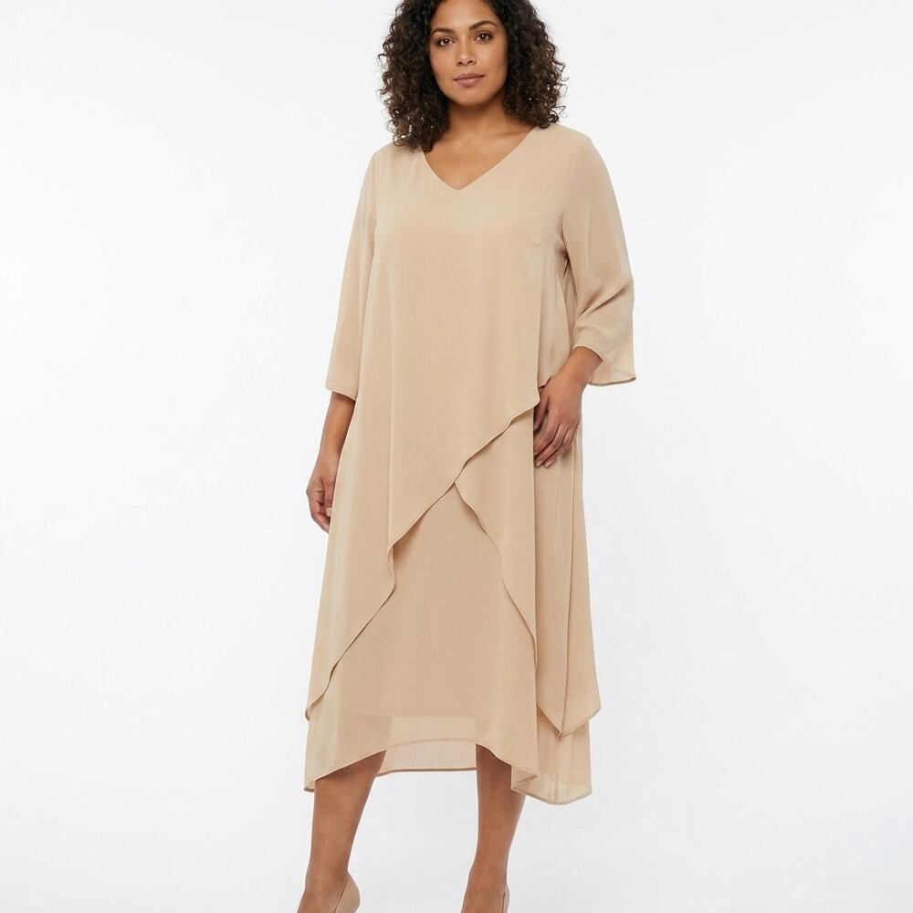 Hanna Nikole Beige Asymmetrical Midi Stretch Dress Women Plus Size 24W